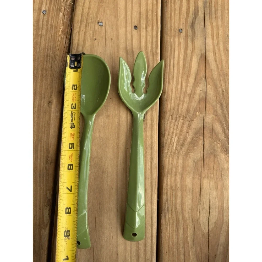 Two Vintage  Melamine Kitchen Utensils Spork Spoon Green Serving Set